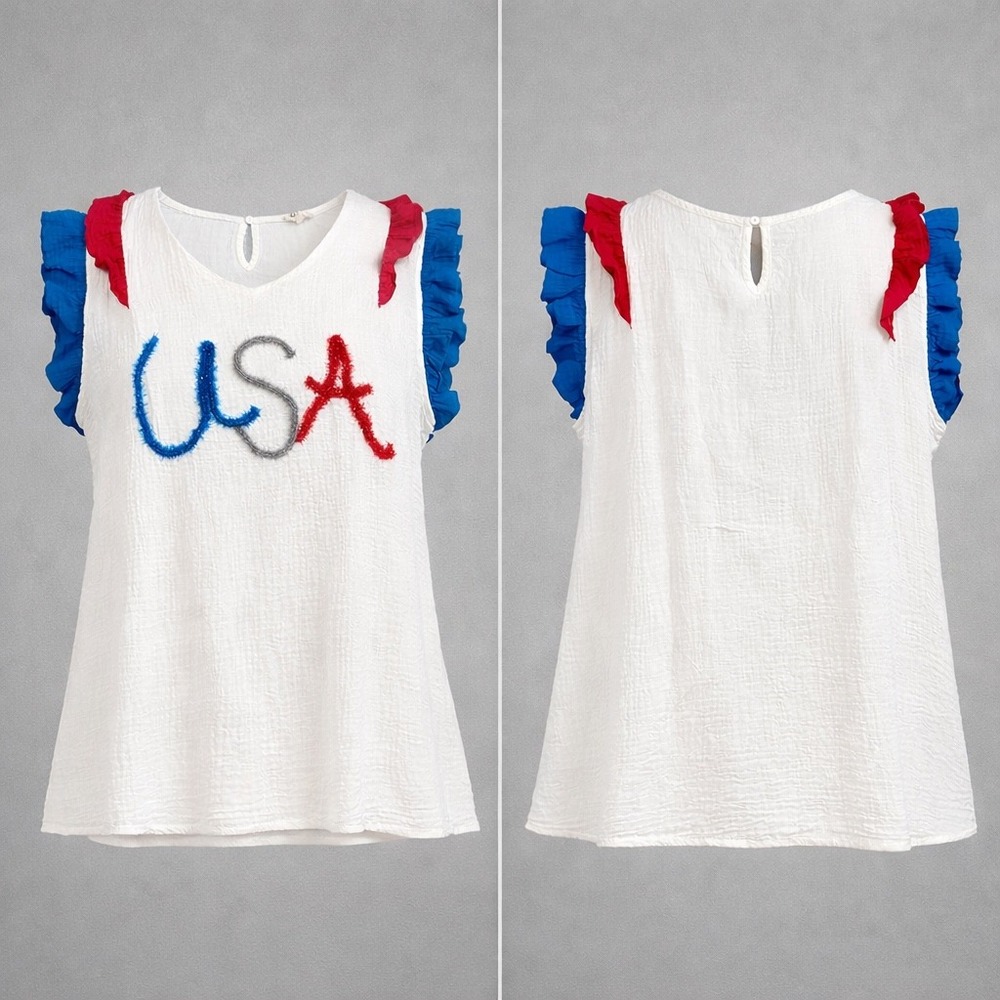 BIBI USA Patriotic Ruffle Sleeve Gauze Cotton Tank Top White XL‎ P6659G-59